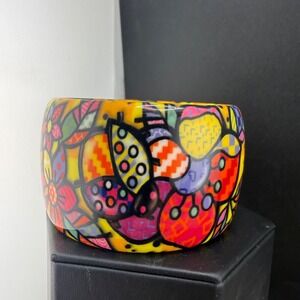 Retro Colorful‎ Bangle Bracelet Wide Chunky Bright Flowers 8.5"